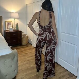 MANGO Halter Neck Wide-Leg Jumpsuit - Size Small, Brown Leaf Print, NWOT